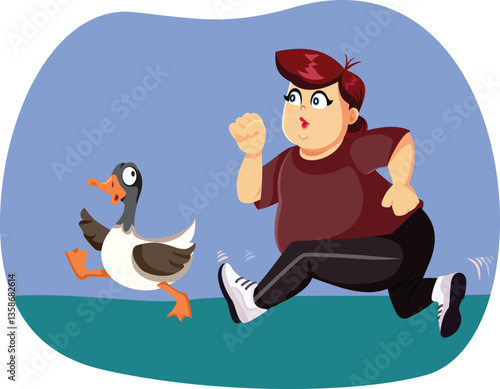 Funny Woman Chasing a Wild Goose Vector Concept Illustration. Ambitious lady trying to catch a bird running fast