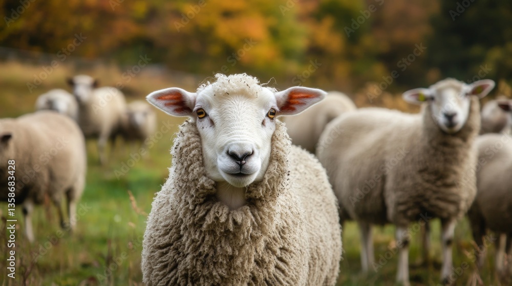 Fototapeta premium Close up of a sheep in a field looking at the camera