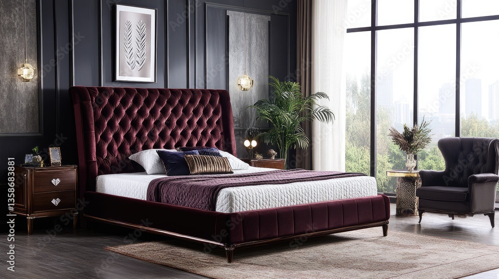 Fototapeta premium A beautifully crafted Airjet double bed with a tufted velvet headboard and hidden diamond storage compartments.