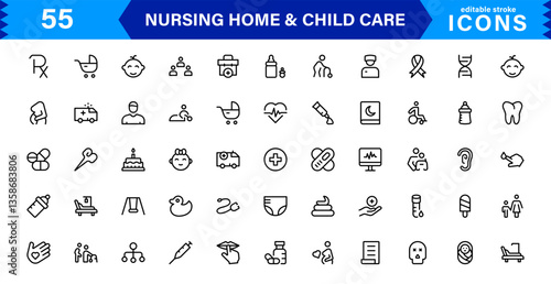 Nursing Facility and Childcare Icon Collection. Professional Vector Set for Healthcare and Kids Services