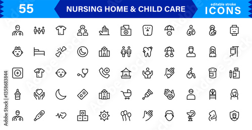 Nursing Facility and Childcare Icon Collection. Professional Vector Set for Healthcare and Kids Services