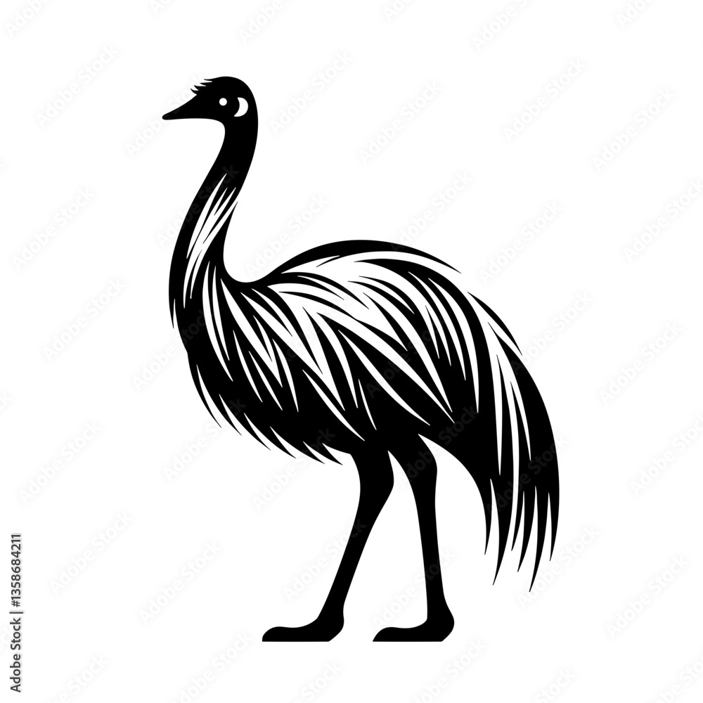 Obraz premium A black silhouette of emu ostrich, stroke lines, minimalist art style, vector, isolated, transparent background 
