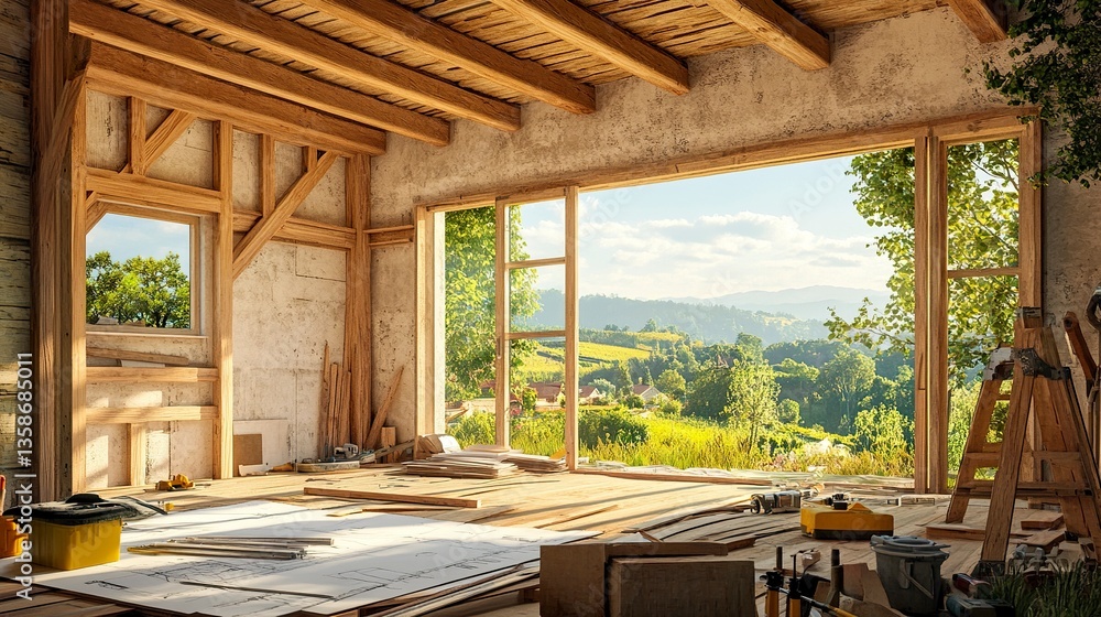 Fototapeta premium Construction site for a country house, partially built structure with wooden beams, surrounded by tools and blueprints, lush countryside visible beyond. 