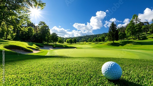 Golf ball on green with sunny course.