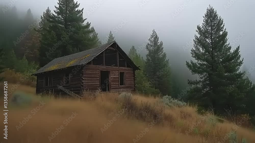 Abandoned wooden cabin in a misty forest, surrounded by tall coniferous trees and overgrown grass Abandoned wooden cabin in a misty forest, surrounded by tall coniferous trees and overgrown grass