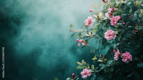 Enchanted Garden: Pink Flowers in Mystical Teal Mist