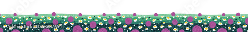allium plants in a lush spring flower meadow with wild daisies, abstract naive art painting, background banner with copy space, vector illustration.