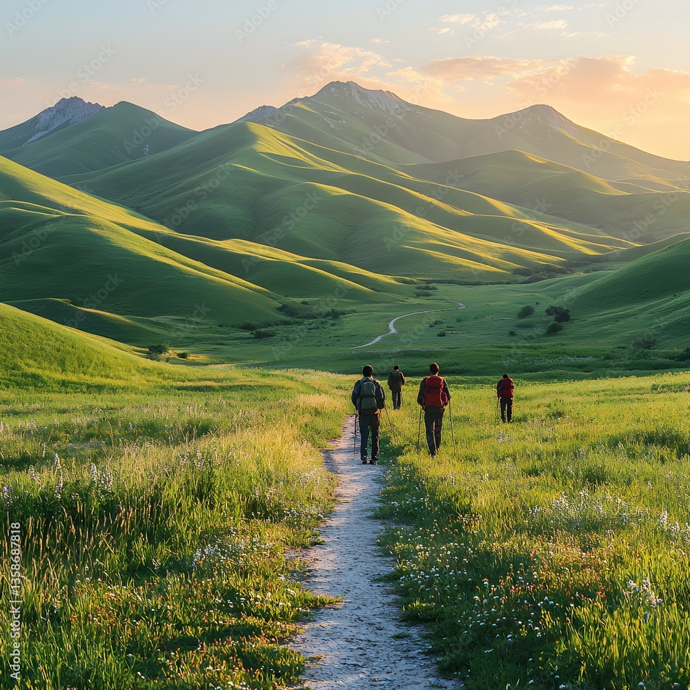 Fototapeta premium Hiking Group in Colorful Mountain Landscape