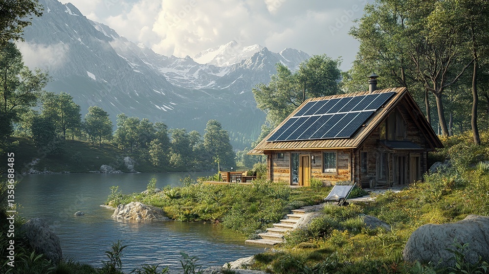 Fototapeta premium Photorealistic 3D render of a wooden home with roof-mounted solar panels, showcasing energy-efficient architecture in a tranquil natural setting. 