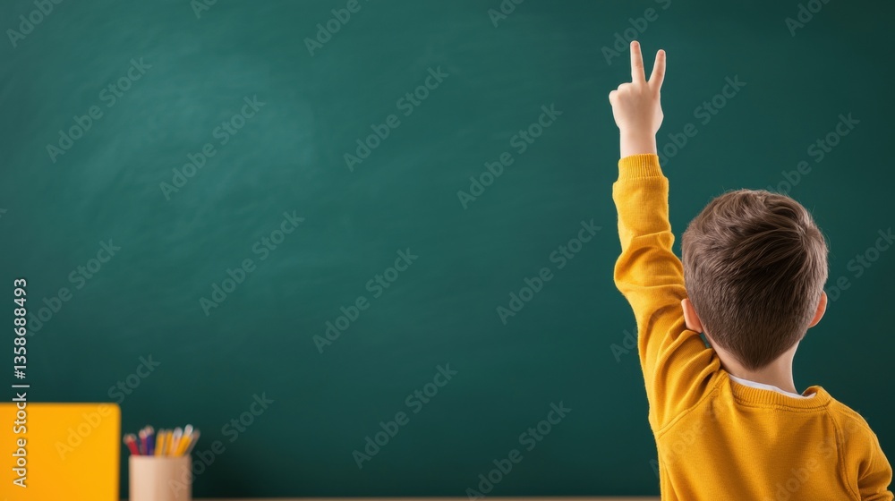 Traditional Classroom with Chalkboard Whiteboard Students raising their hands in a traditional classroom with a whiteboard, active participation and engagement Traditional Classroom with Chalkboard Whiteboard Students raising their hands in a traditional classroom with a whiteboard, active participation and engagement