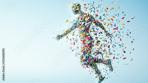 Human made of Pills: A dynamic artistic rendition captures a human figure formed entirely from colorful pills, floating against a serene blue backdrop, suggesting themes of health, medicine.