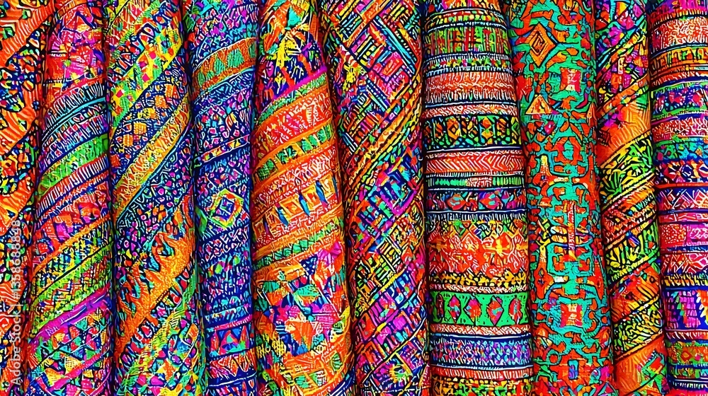 Vibrant Colorful Textiles with Intricate Patterns and Bold Designs Displayed in a Fabric Collection Vibrant Colorful Textiles with Intricate Patterns and Bold Designs Displayed in a Fabric Collection