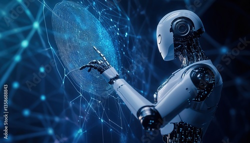 AI Robot Interacting with a Digital Hologram – A Futuristic Representation of Machine Learning, Big Data, and Artificial Intelligence Technology