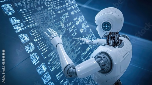 AI Robot Interacting with a Digital Hologram – A Futuristic Representation of Machine Learning, Big Data, and Artificial Intelligence Technology