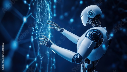 AI Robot Interacting with a Digital Hologram – A Futuristic Representation of Machine Learning, Big Data, and Artificial Intelligence Technology