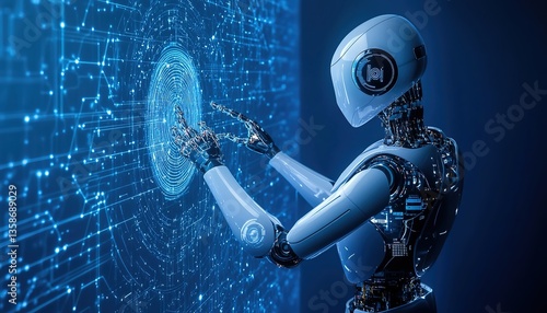 AI Robot Interacting with a Digital Hologram – A Futuristic Representation of Machine Learning, Big Data, and Artificial Intelligence Technology