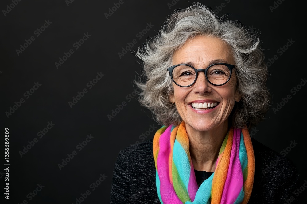 An elderly woman wearing large glasses laughs joyfully, showcasing her expressive face and colorful scarf, illuminated beautifully by natural light An elderly woman wearing large glasses laughs joyfully, showcasing her expressive face and colorful scarf, illuminated beautifully by natural light