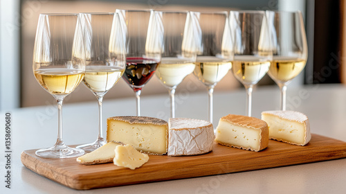 Elegant wine and cheese pairing with various textures and flavors, perfect for tasting