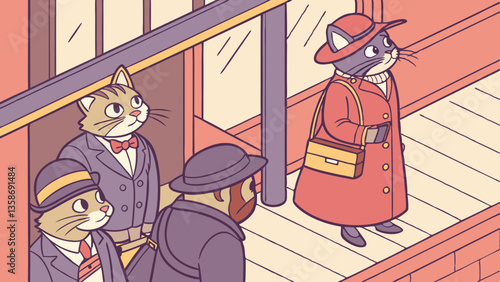 A parallel world where only cats evolved, crowd of cats wearing various clothings, hyper details, rich colors, photograph