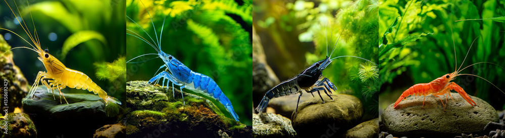 panorama Vibrant Nano Aquarium Shrimp Crawling on Rocks in a Freshwater Tank with Green Plants