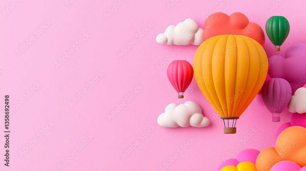 Colorful Hot Air Balloons And Fluffy Clouds On Pink Backgrounds Colorful Hot Air Balloons And Fluffy Clouds On Pink Backgrounds