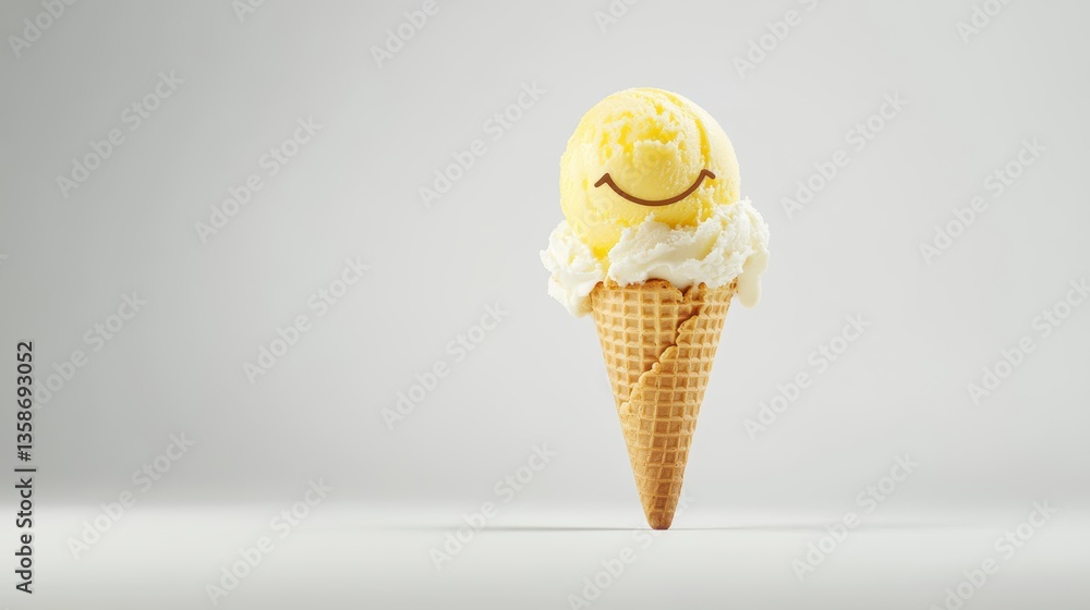 Vanilla ice cream with smiley in ice cream cone waffle Over white Studio Background Vanilla ice cream with smiley in ice cream cone waffle Over white Studio Background