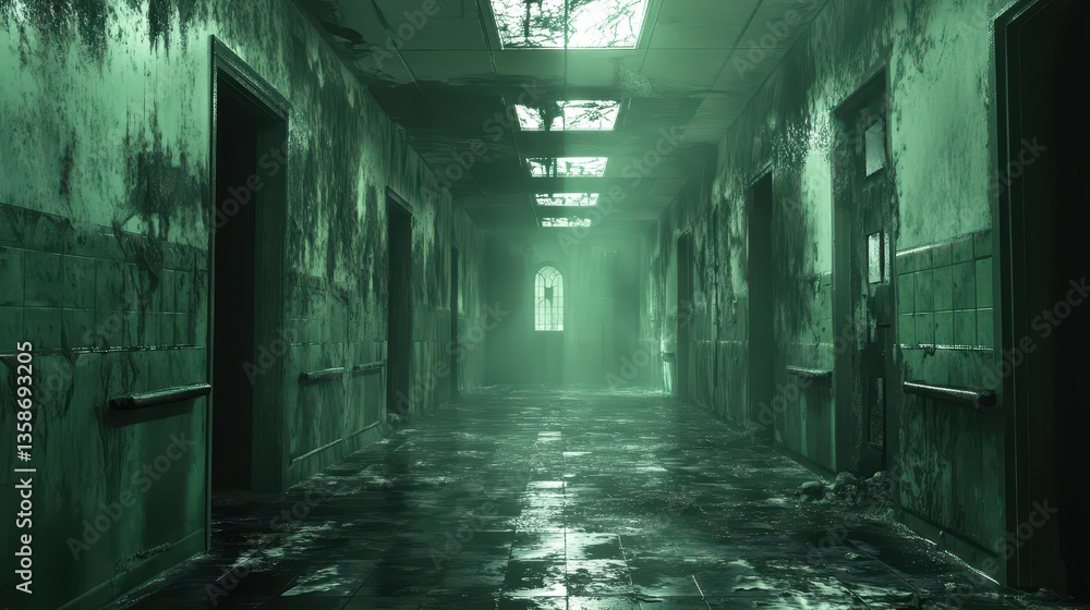Fototapeta premium Gloomy, wet corridor in an abandoned asylum building, lit by a window. Ideal for illustrating horror, mystery, and the decay of forgotten places.
