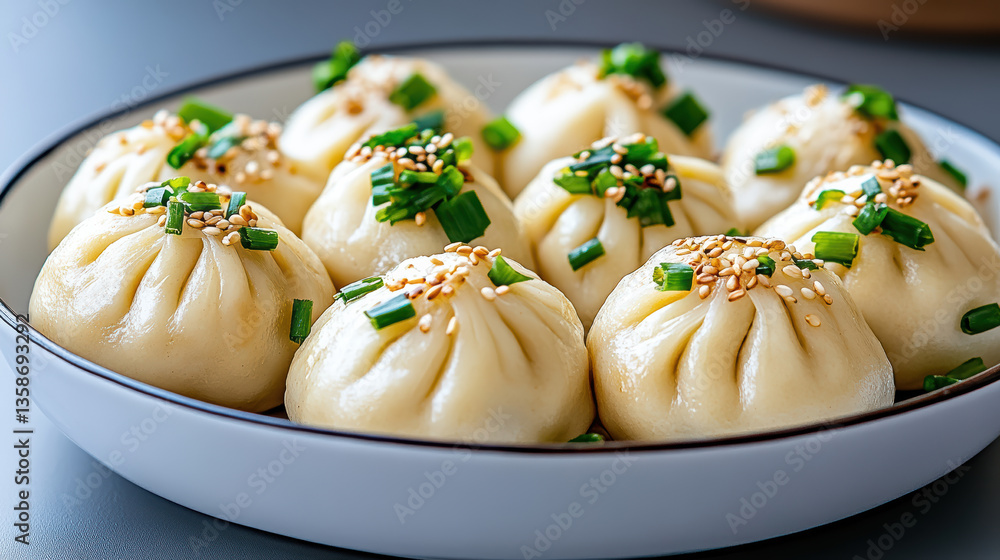 Delicious dumplings garnished with green onions and sesame seeds, perfect for sharing Delicious dumplings garnished with green onions and sesame seeds, perfect for sharing