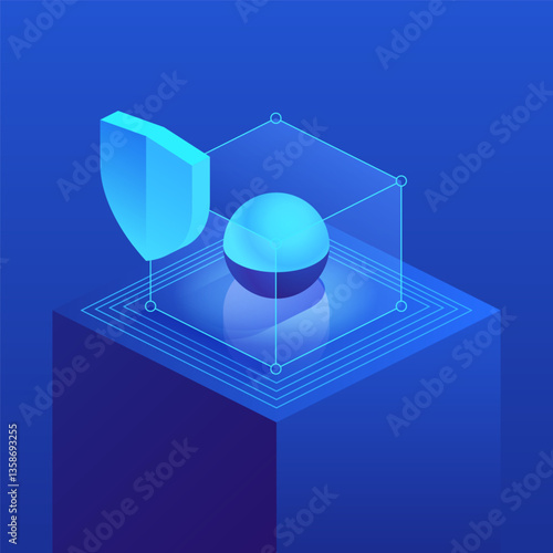 Shield and a sphere within a wireframe cube, positioned on a platform with concentric square patterns. Protection of the digital environment and secure communication. Isometric vector illustration