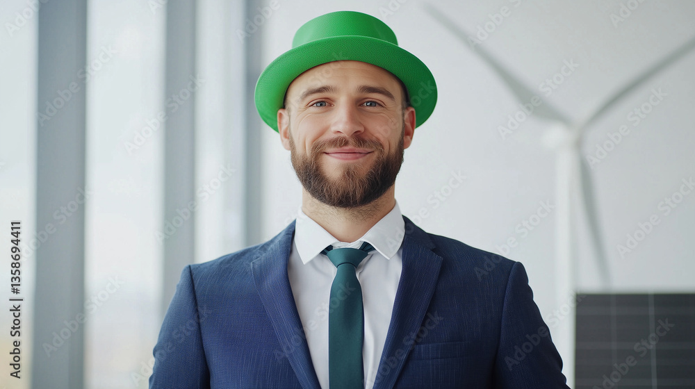 Stylish Man with Green Hat: Portrait of a sophisticated gentleman, adorned in a fashionable green hat and suit, beaming with a cheerful smile. Stylish Man with Green Hat: Portrait of a sophisticated gentleman, adorned in a fashionable green hat and suit, beaming with a cheerful smile.