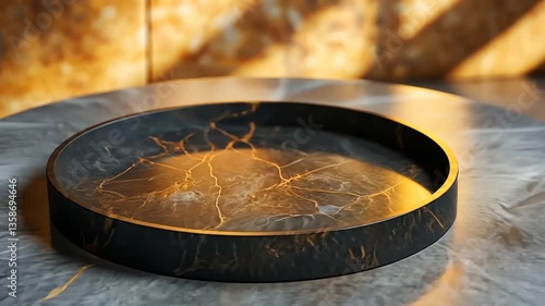 Round marble tray on marble tabletop with sunbeams.  Use Home decor product display
