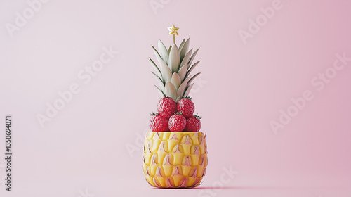 A Festive Pineapple Art: A creatively arranged pineapple, adorned with fresh strawberries and topped with a star, presenting a vibrant and festive scene against a soft background.