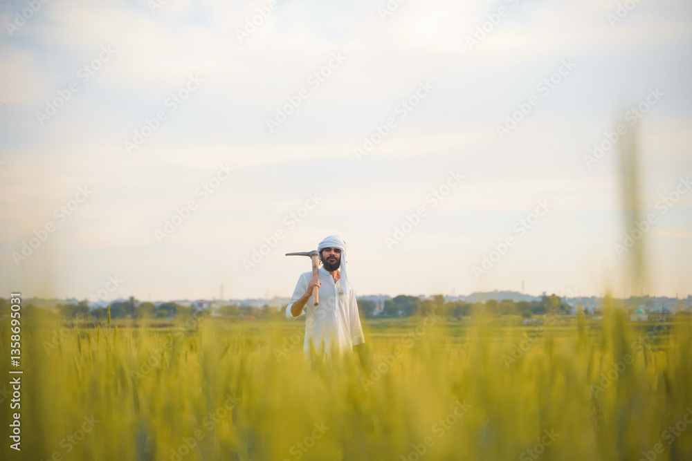 Obraz premium A Pakistani Indian farmer wearing traditional white clothing and a turban stands in a lush wheat field, holding a pickaxe over his shoulder.