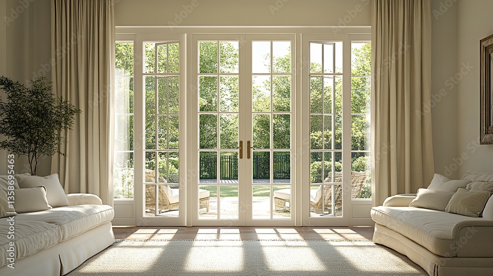 Fototapeta premium Classic double French doors connecting cozy living room to sunlit veranda soft shadows natural tones tranquil and open design. 