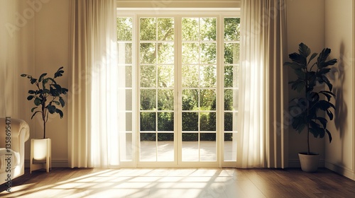 Classic French doors with glass panes leading from cozy living room to a bright veranda diffused sunlight soft shadows minimalist tone. 