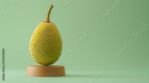 Jackfruit on Stand: The jackfruit, with its textured green-yellow rind, is displayed on a small wooden stand, set against a calming, minimal backdrop of pastel green.