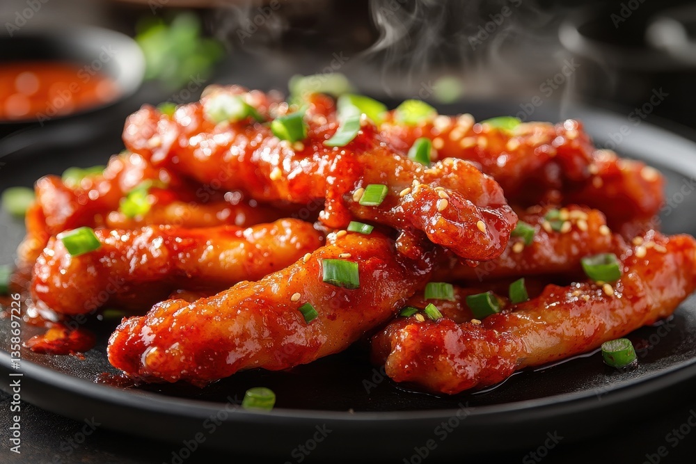 Steaming spicy chicken is garnished with sesame seeds and green onions. Perfect for menus, websites, and culinary projects needing Korean food. Steaming spicy chicken is garnished with sesame seeds and green onions. Perfect for menus, websites, and culinary projects needing Korean food.