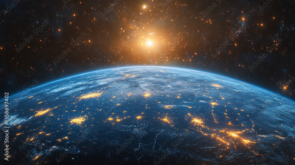 Obraz premium cosmic scene depicting the merging of Earth with ethereal realms, symbolizing the convergence of our planet and the celestial domains, highlighting cosmic mysteries and interconnected energy
