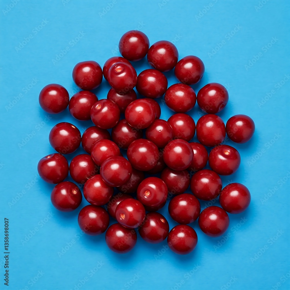 Fresh Red Cherries on Blue Background - Summer Berries Fresh Red Cherries on Blue Background - Summer Berries