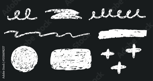 Set of hand drawn lines and shapes with crayon texture drawn on black chalkboard
