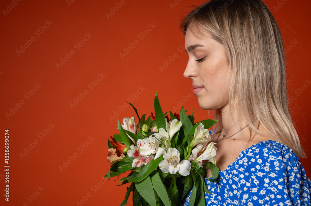 Naklejka premium Smiling, pretty young girl in a blue floral dress holding a fresh colorful bouquet of flowers, posing on a bright orange background. Spring mood, natural beauty, cheerful mood, positive