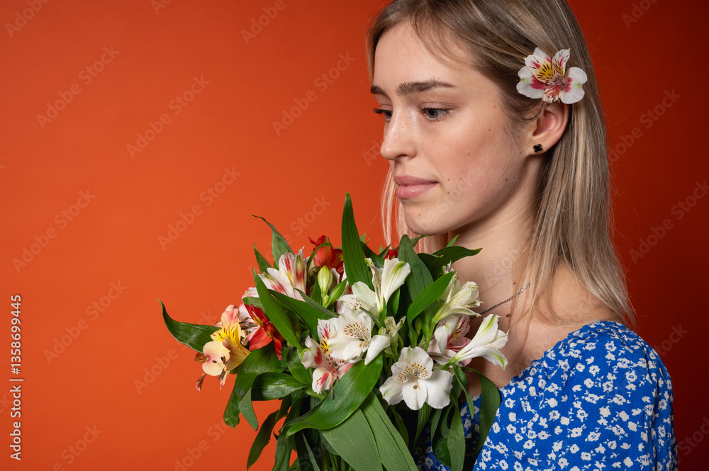 Naklejka premium Smiling, pretty young girl in a blue floral dress holding a fresh colorful bouquet of flowers, posing on a bright orange background. Spring mood, natural beauty, cheerful mood, positive