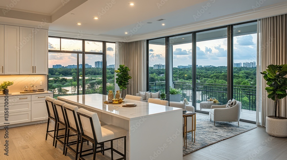 Fototapeta premium Modern luxury apartment kitchen and living area with stunning views