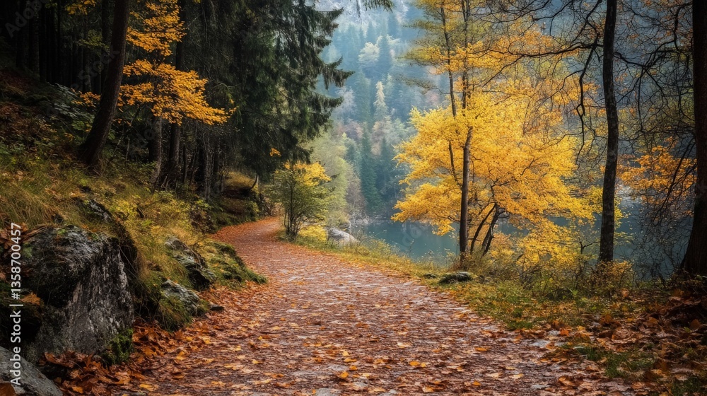Fototapeta premium Path through autumn forest with golden leaves and a misty lake in the background.