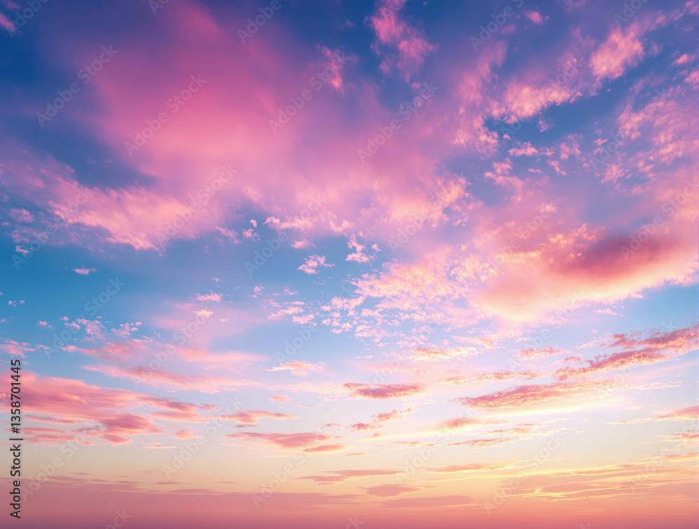 Obraz premium Scenic sky with soft pastel clouds in shades of pink and blue at sunset. Natural background with a peaceful atmosphere. Ai generative