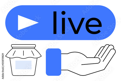 Play button with live text, donation jar, and outreached hand. Ideal for streaming, charity, crowdfunding, support, user interaction online events and fundraising. Flat simple metaphor