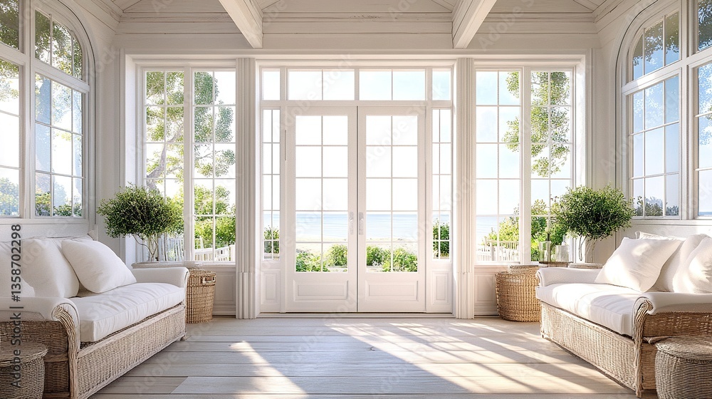 Fototapeta premium Elegant Hamptons-style entrance with white French doors on a coastal veranda natural wood accents soft summer light cottage luxury. 