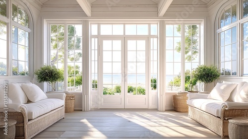 Elegant Hamptons-style entrance with white French doors on a coastal veranda natural wood accents soft summer light cottage luxury. 