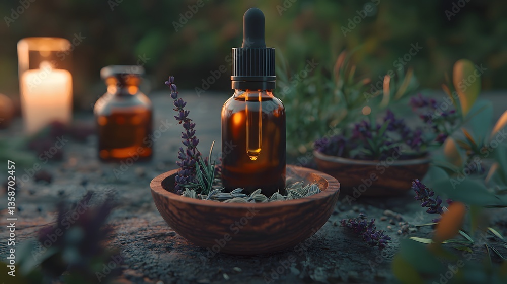 Aromatic Essential Oil Bottles Surrounded by Lavender and Herbs on a Rustic Wooden Surface Aromatic Essential Oil Bottles Surrounded by Lavender and Herbs on a Rustic Wooden Surface