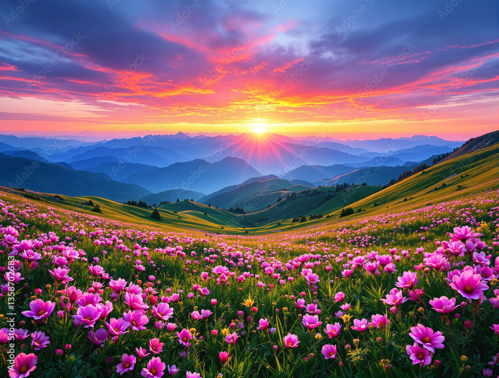 Fototapeta premium Majestic mountain landscape with pink wildflowers under a colorful sunset sky. Rolling hills and distant peaks create a peaceful nature background. Ai generative